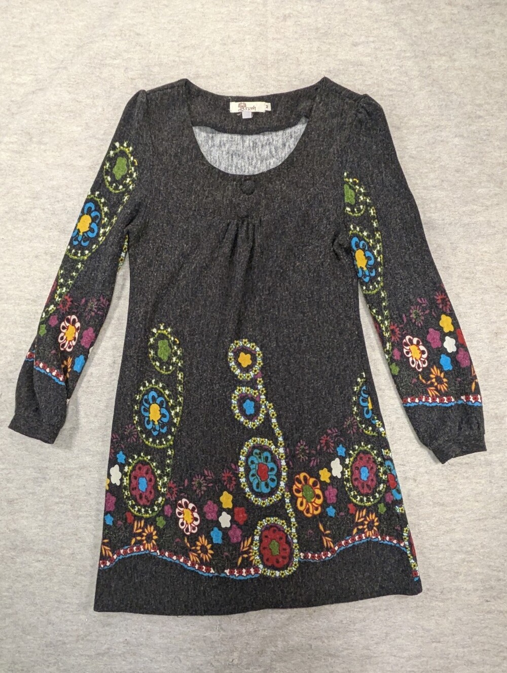 Aryeh Vintage Brown Dress Floral Norwegian Folk Art Scoop Neck Long Sleeve Fun M